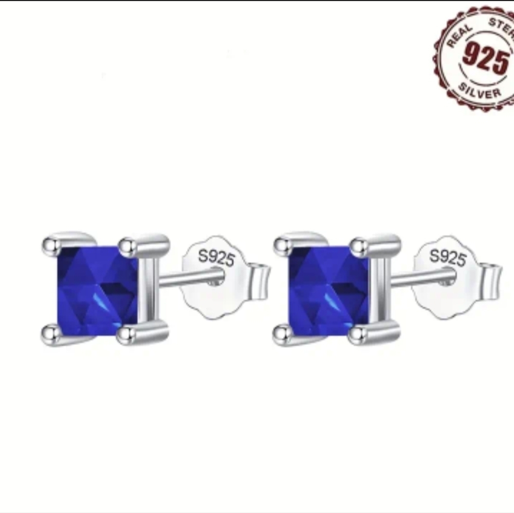 Earrings--Tiny Square 925 Sterling Silver Deep Blue Zircon Studs